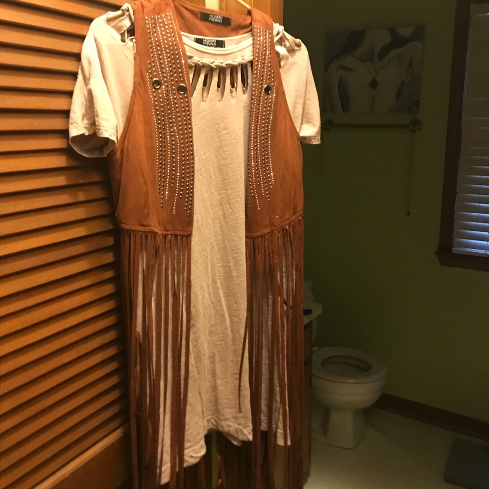 Long suede fringe vest with gold detail